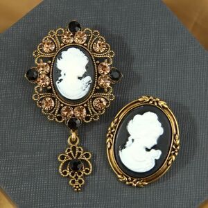 2pcs Court Style Beauty Head Cameo Brooch Pin Elegant Clothings Decoration Black